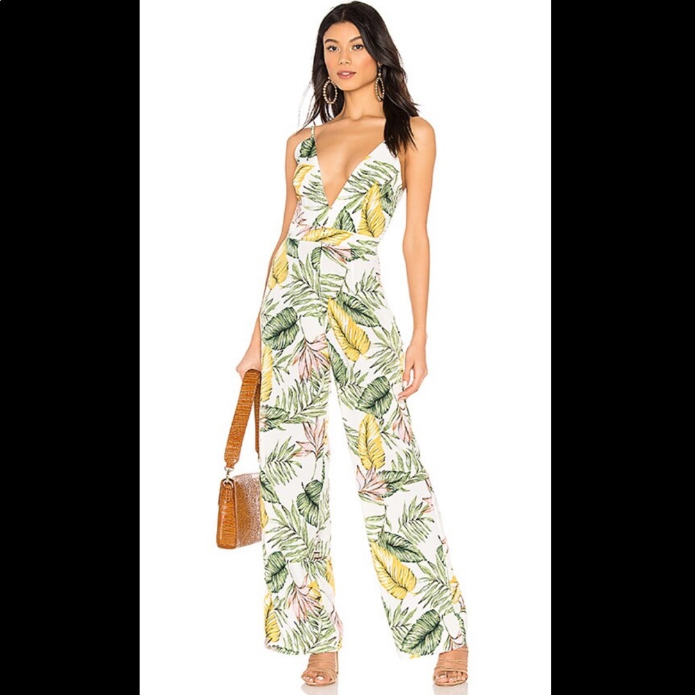 superdown White Tropical Leaf Print Plunge Jumpsuit